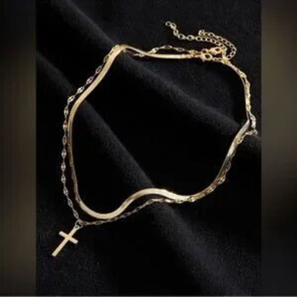 Gold Stainless Steel 2pc Cross Herringbone Necklace Set - Picture 2 of 2